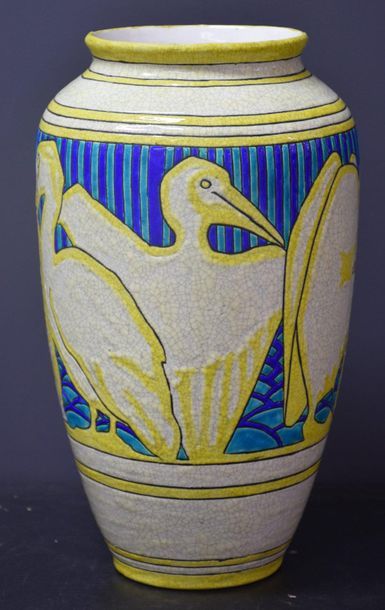 null Vase Boch keramis Catteau with pelicans decoration in enamels . Decoration D984...