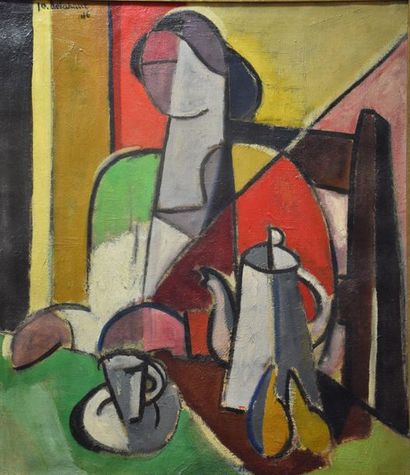 null Jo Delahaut. (1911-1992). Huile sur toile signée et datée 1946, œuvre cubiste...