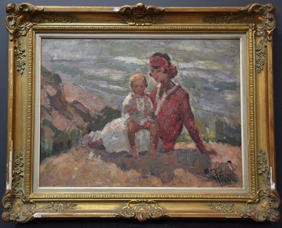 null Jean Colin ( 1881 - 1961 ). Femme et enfant au bord de mer, huile sur toile...
