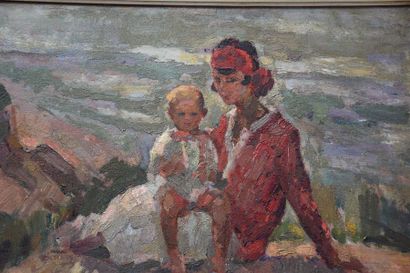 null Jean Colin ( 1881 - 1961 ). Femme et enfant au bord de mer, huile sur toile...