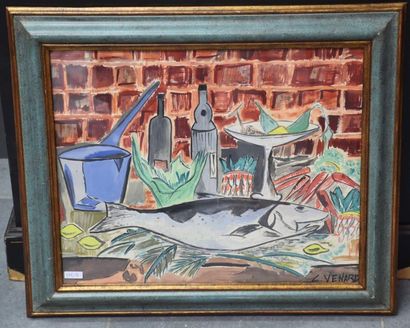 null Claude Vénard ( 1913 - 1999 ) . Watercolor still life with fish signed lower...