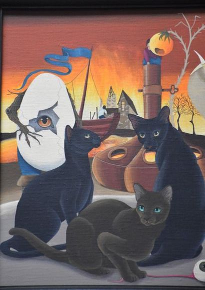 null Mira. Oil on surrealist canvas with cats . 31 x 41 cm .