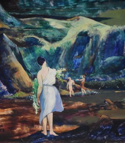 null Marcel Delmotte ( 1901 - 1984 ) . Surrealist landscape animated by 3 women ....