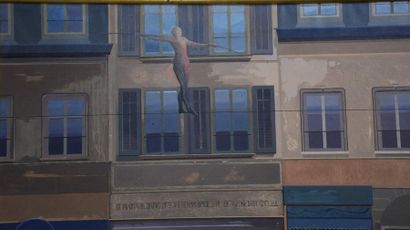 null Igor Albert Swingedau (1939). The tightrope walker above the crowd. Oil on canvas,...
