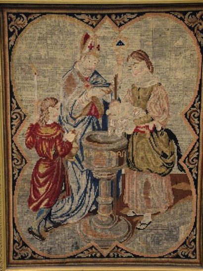 null Tapestry XIX th century with medieval decoration and its frame. 44 x 60 cm ...