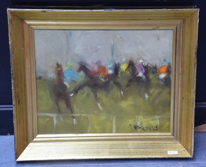 null Jacques Bartoli ( 1920 - 1995 ) . Oil on canvas " Les jockeys " titled and signed...