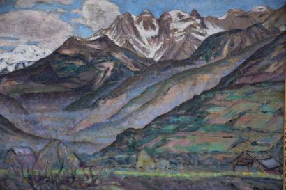 null Georges Morren ( 1868 - 1941 ) . Oil on panel, scene of mountains, entitled...