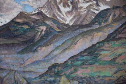 null Georges Morren ( 1868 - 1941 ) . Oil on panel, scene of mountains, entitled...