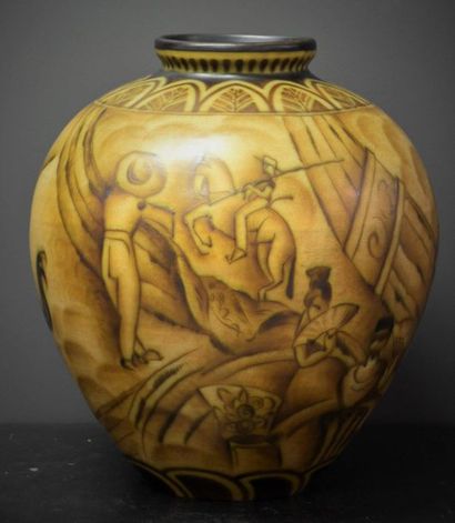 null Boch keramis vase in mat finish signed Jean Isol for La Maîtrise with bullfighting...