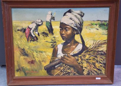 null Table "Africanist scene in the fields". 59 x 44 cm .