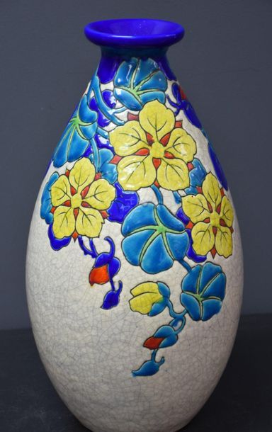 null Boch keramis vase with flower decoration . Ht 32 cm .