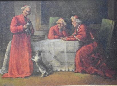 null Huile sur panneau XIX ème siècle . " Cardinaux et chatons " . 34 x 24 cm .
