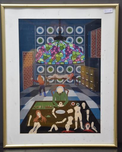 null Mira. Surrealist gouache with dismembered subjects. Signed lower right . 30...