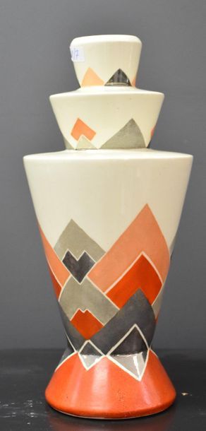 null Vase Boch keramis geometric shape with decoration of art deco triangles orange...