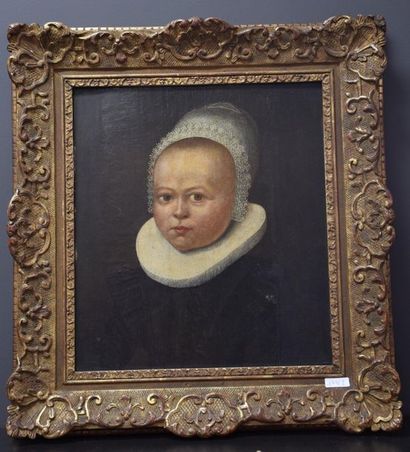 null Huile sur panneau de chêne XVII ème siècle . " portrait de jeune fille " . Cadre...