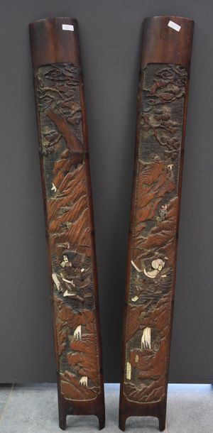 null Pair of Japanese bamboo panels, carved and inlaid with ivory and mother-of-pearl....