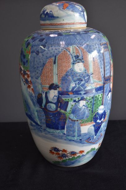 null Chinese porcelain ginger pot with wise men decoration. Ht 42 cm .
