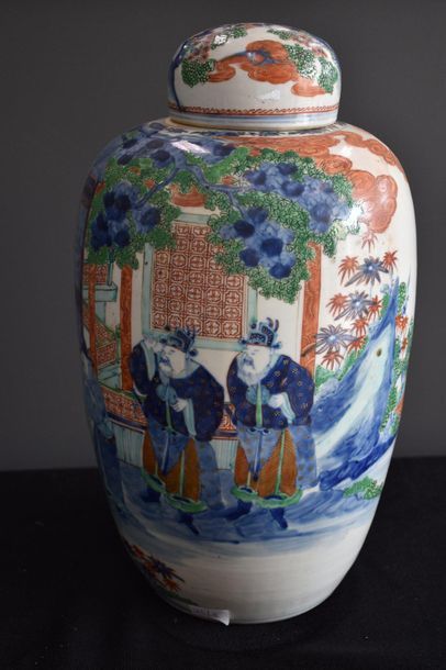 null Chinese porcelain ginger pot with wise men decoration. Ht 42 cm .