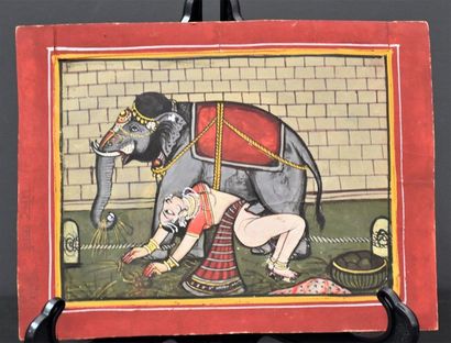 null Indian miniature, gouache on paper, erotic scene with elephant, 19th century....