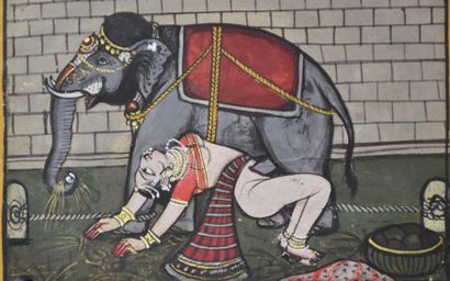 null Indian miniature, gouache on paper, erotic scene with elephant, 19th century....