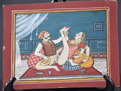 null Indian miniature, gouache on paper, erotic scene, 19th century. 14 x 11 cm.