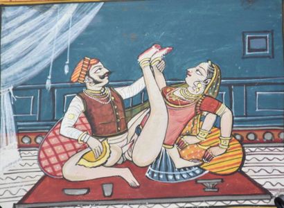 null Indian miniature, gouache on paper, erotic scene, 19th century. 14 x 11 cm.