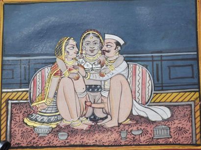 null Indian miniature, gouache on paper, erotic scene, 19th century. 14,5 x 10,5...