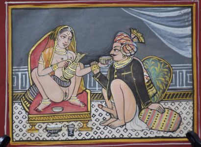null Indian miniature, gouache on paper, erotic scene, 19th century. 13,5 x 10 c...