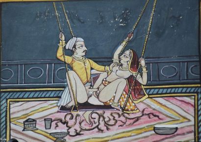 null Indian miniature, gouache on paper, erotic scene, 19th century. 13,5 x 10 c...