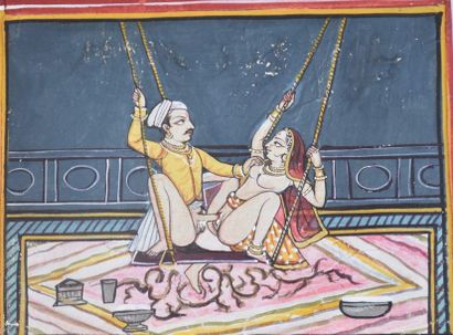 null Indian miniature, gouache on paper, "the erotic swing", 19th century. 13,5 x...