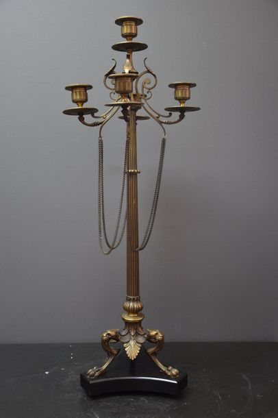 null Pair of Napoleon III bronze candelabra. Marble base . ( missing a chain ) ....