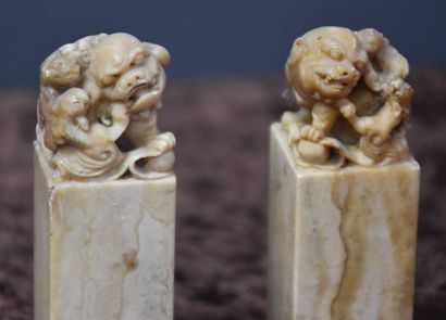 null Paire de sceaux chinois en pierre dure à décors de chiens de fô vers 1900 ....