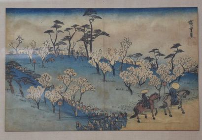 null Estampe Japonaise signée Hiroshige, vue de la colline Asuka. 21 x 36 cm .
