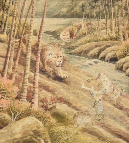 null Tapestry and silk, Asia around 1900 . Lion and lioness chasing prey. Signed....