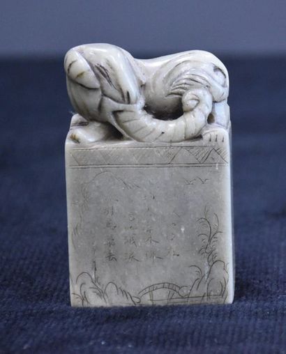 null Chinese hard stone seal with elephant decoration and landscape engraving . Ht...