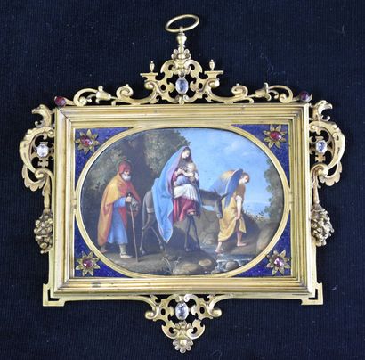 null "The Flight into Egypt." Oil on oval panel presented in its rich gilt bronze...