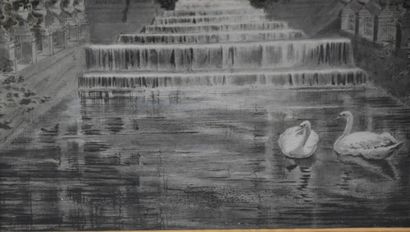 null 路易十四风格的喷泉与天鹅动画的建筑景观。水粉签名右下角E。Monnier.38 x 26厘米。