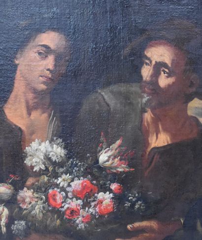 null Couple au bouquet de fleurs. Huile sur toile XVII ème, Ecole Italienne. 90 x...