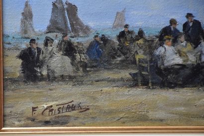 Francis Cristaux ( 1956 ) 弗朗西斯-克里斯托（1956年）。油画布上，动画海滩场景。39x19厘米。