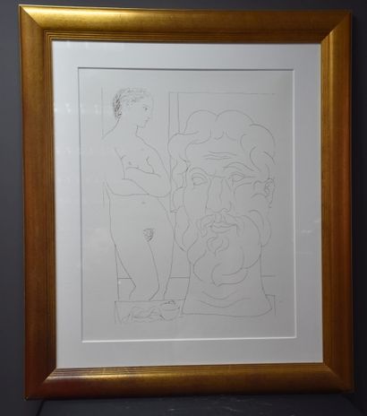 null 据毕加索说。没有签名的石版画。裸体与一个男人的肖像，51 x 63厘米。