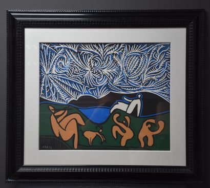 null Color lithography. After Picasso. The flute players and the ibex. 54 x 44 c...