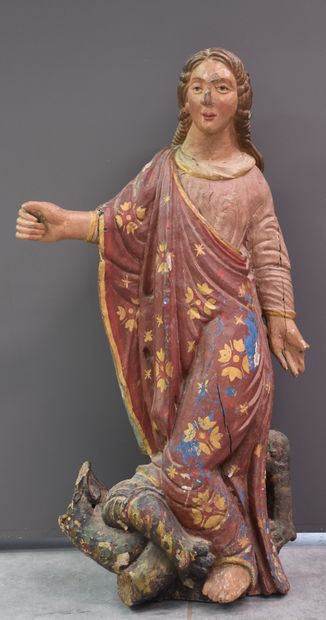 null Important carved and polychromed wood carving circa 1600. " Madonna rising above...