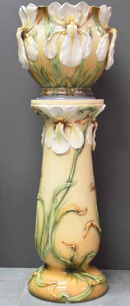 null Column and its pot cover in barbotine with floral art nouveau decoration in...