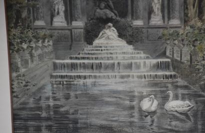 null Paysage architectural à la fontaine de style Louis XIV animée de cygnes. Gouache...
