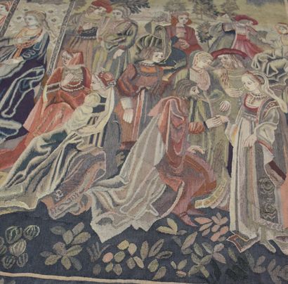 null Old tapestry decorated with a Gothic scene animated with many courtly characters....