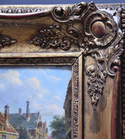 null 一对画板上的油画."布鲁日的动画景观"。一个在右下方签名。19世纪初。鎏金框架。( 角度的事故 )。14x18厘米。