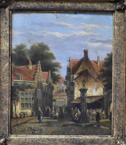 null 一对画板上的油画."布鲁日的动画景观"。一个在右下方签名。19世纪初。鎏金框架。( 角度的事故 )。14x18厘米。