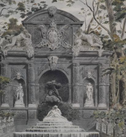 null Architectural landscape with a Louis XIV style fountain animated by swans. Gouache...