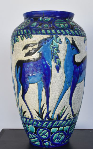 Charles CATTEAU (1880-1966) Charles Catteau (1880-1966). Boch Keramis vase with deer...