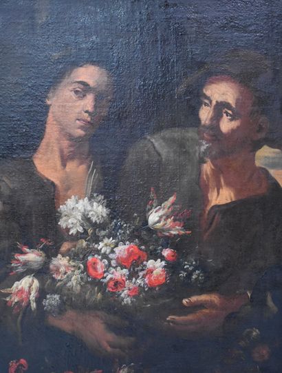 null Couple au bouquet de fleurs. Huile sur toile XVII ème, Ecole Italienne. 90 x...